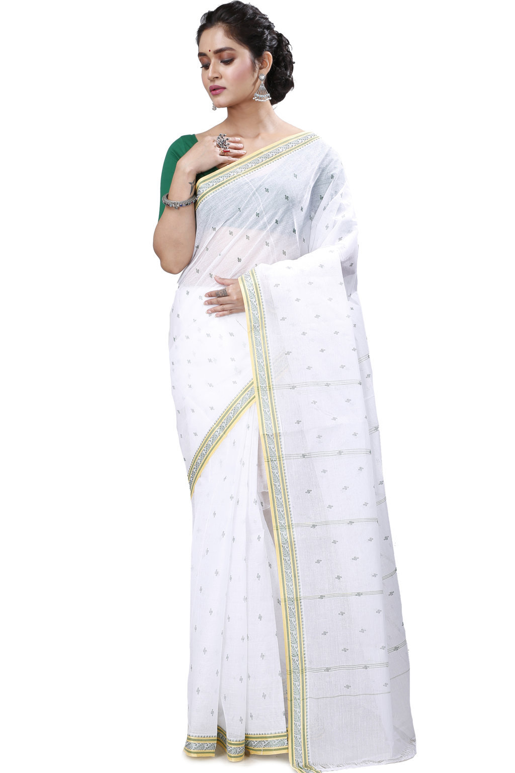 White Green Pure Cotton Regina Tant Saree (985)